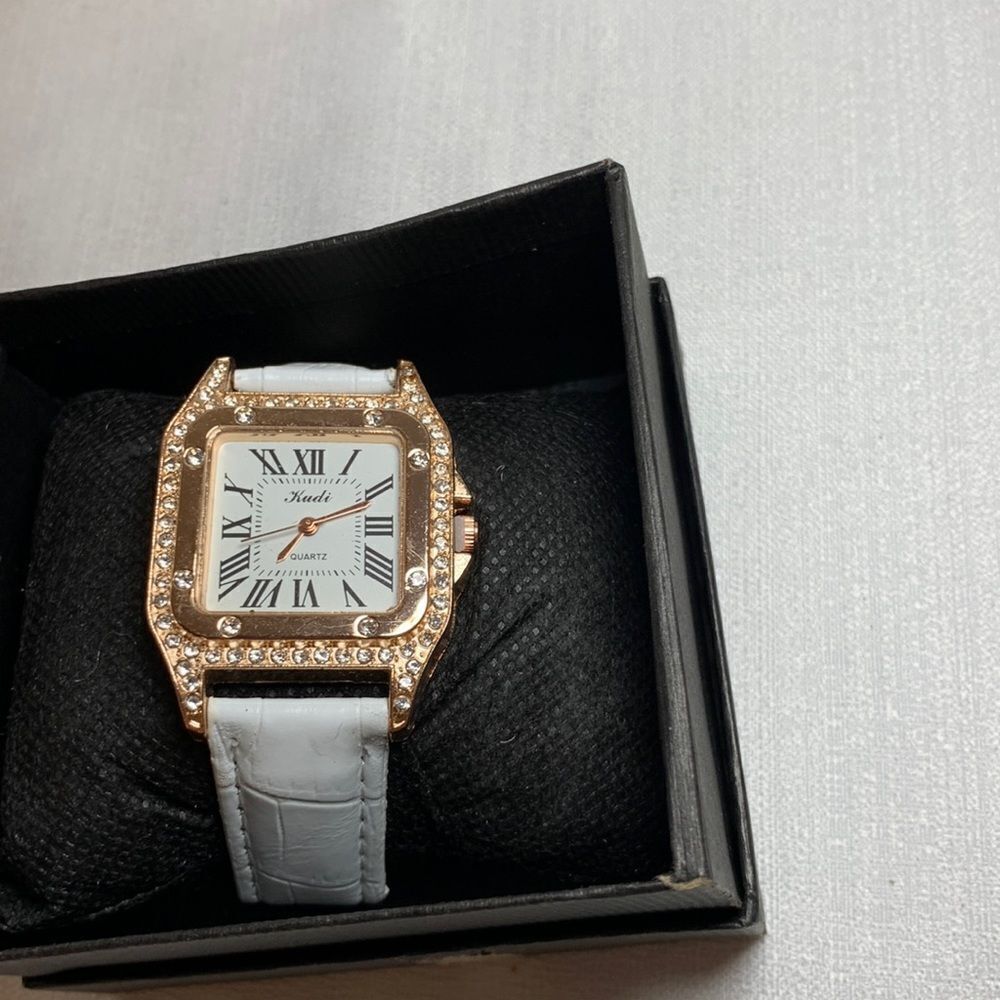 Kudi ladies white faux leather band watch with rose gold plate & stones